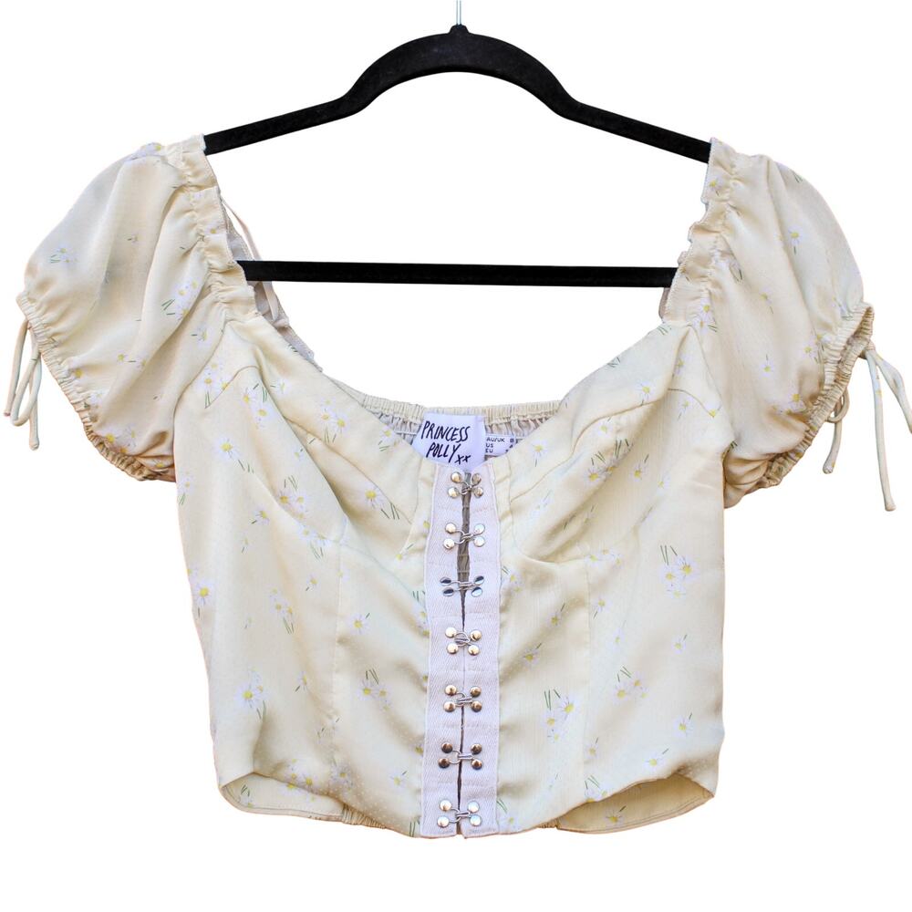 PRINCESS POLLY | Butter Yellow Ditsy Floral Satin Babydoll Puff Sleeve Crop Top